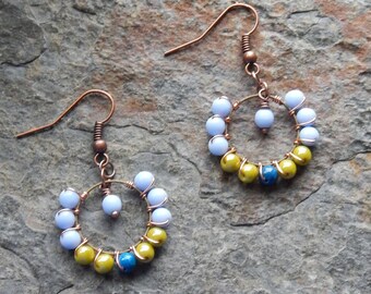 Little beaded hoop earrings - Multicolored blue and green miniature beaded dangle earrings - colorful czech glass earrings - mini hoops