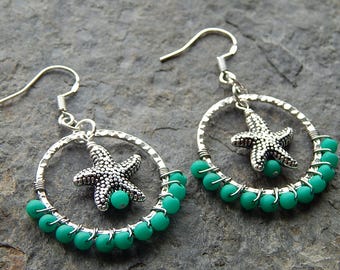 Turquoise and silver starfish beaded earrings - Mermaid inspired hoop earrings with sterling silver ear wires - mermaidcore - boho earrings