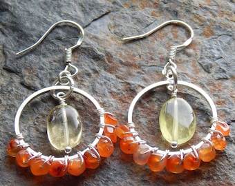 Carnelian and lemon quartz beaded hoop earrings - orange and yellow chandelier earrings - silver boho earrings - citrus - wire wrapped hoops