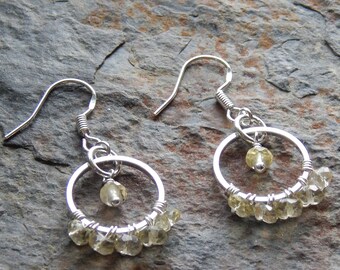 Citrine earrings - little beaded hoop earrings - dainty silver and gemstone earrings - mini hoops - faceted gemstone boho dangle earrings