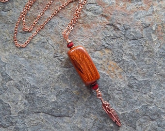 Polished wood pendant necklace - long copper chain necklace with copper feather pendant - rustic boho - bohemian jewelry - unisex necklace