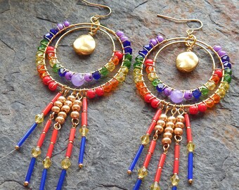 Rainbow chandelier earrings - Big colorful beaded earrings with long dangles - boho style dangle earrings