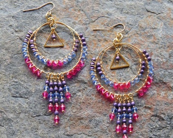 Pink and purple chandelier earrings - big jewel tone statement earrings - geometric gold triangle gypsy inspired boho earrings