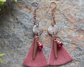 Mykonos Greek ceramic stone and leather copper patina earrings - boho earrings - reddish brown - oxblood leather fringe statement earring