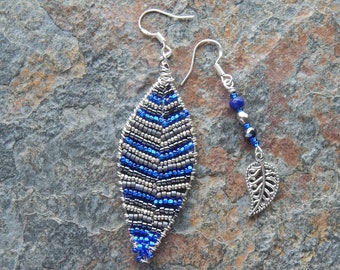 Asymmetrical beaded leaf earrings - metallic blue and silver bead woven leaf - wire wrapped  bohemian earring set - boho hippie festival