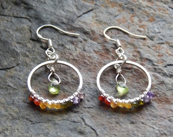 Rainbow gemstone hoop earrings - colorful little boho chandelier earrings - dainty faceted peridot and sterling silver spectrum earrings