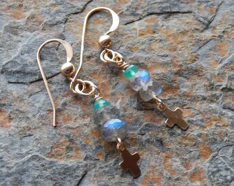 Gold cross earrings - dainty gold and labradorite gemstone earrings - faceted green onyx dangle earrings - gold filled - multicolor gems