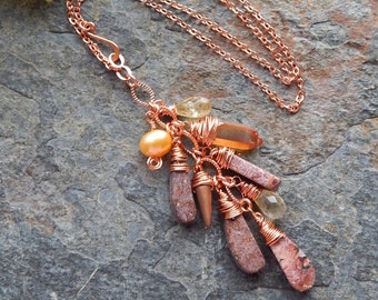 Copper and gemstone cascade necklace - citrine pearl and crystal point gemstone drop necklace - autumn inspired - bohemian - fall fashion