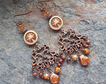 Tree of life earrings - copper and pearl chandelier earrings - earth goddess earrings -copper statement earrings - fancy boho dangle earring