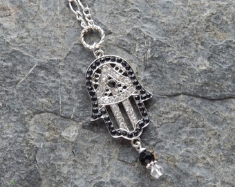 Hamsa necklace -  hand of fatima pendant necklace - black and silver hamsa - good karma - good vibes - protection - evil eye necklace