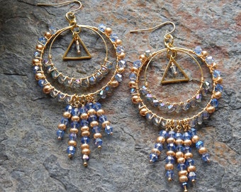 Light blue and gold beaded statement earrings - boho style chandelier earrings - wire wrapped hoop big statement earrings