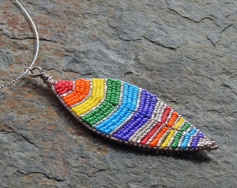 Rainbow leaf necklace - Boho style bead woven silver spectrum leaf pendant - woodland inspired hippie necklace