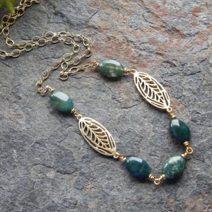 Classic style necklace Jade green agate necklace handmade bead chain necklace long green and gold necklace natural stone necklace image 1