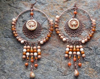 Tree of life earrings - copper and cream statement earrings - chandelier earrings - big beaded hoops - boho earrings - gypsy - tree hugger