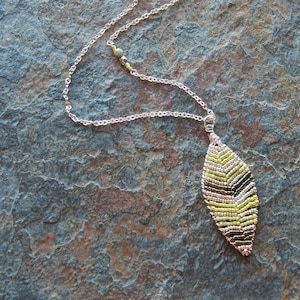 Beaded leaf necklace - wire woven Olive Green and Khaki boho style pendant necklace - inspired by nature