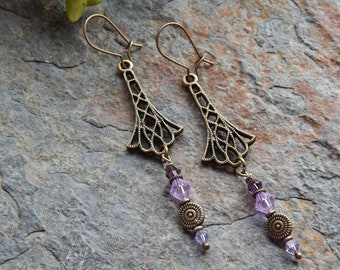 Purple dangle earrings - art deco inspired long brass dangle earrings - fancy lavender and purple crystal crystal earrings - 3 inch earrings