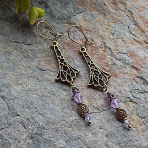 Purple dangle earrings - art deco inspired long brass dangle earrings - fancy lavender and purple crystal crystal earrings - 3 inch earrings