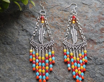 Colorful beaded feather earrings  -  multicolored boho style fringe earrings - long dangle bohemian chandelier earrings in primary colors