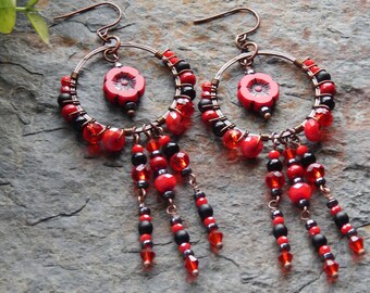 Fancy red and black boho style chandelier earrings  - long dangle gypsy style ruby flower statement earrings -  scarlet floral beaded hoops