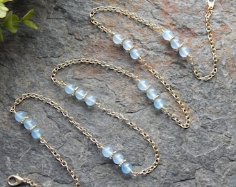 Classic station necklace - baby blue agate handmade bead chain necklace - long sky blue and gold rosary necklace - natural stone necklace