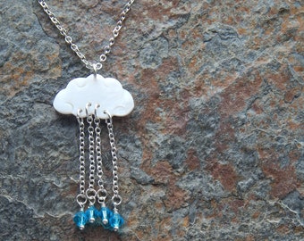 Cloud necklace - April showers bring may flowers - carved seashell stormy weather pendant - little drops of rain - girls jewelry