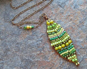 Spring Green boho leaf necklace - long bohemian wire woven leaf pendant  - woodland inspired wire wrapped beaded leaf festival necklace