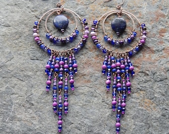 Lapis lazuli chandelier earrings - Huge Blue and purple beaded statement earrings - long boho style gypsy earrings