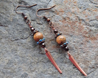 Picture Jasper earrings - light brown stone and blue picasso czech glass long dangle earrings - rustic earth tone colors - boho earrings