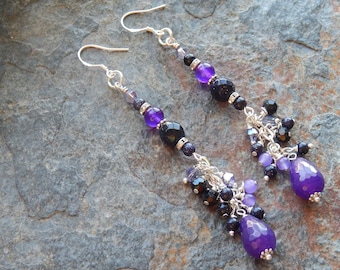 Deep purple gemstone cluster earrings - fancy purple and black statement earrings - luscious crystal and faceted gemstone boho drop earrings