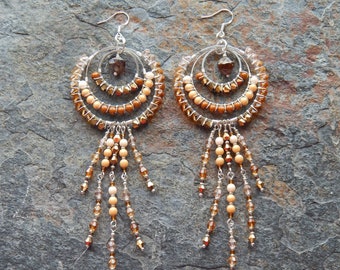 Ombre earrings - huge chandelier earrings in shades of brown - big beaded statement earrings - boho earrings - 6 inch earrings  - bohemian