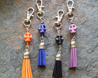 Skull keychain - spooky skull tassel charm - Halloween key chain - zipper pull - cute car accessory - rearview mirror dangle - purse charm