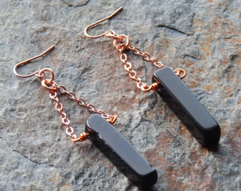 Black agate earrings - black banded agate and copper statement earrings - black stone dangle earrings - copper jewelry - rustic boho style