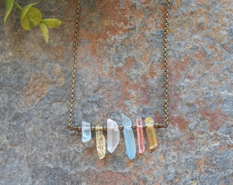 Crystal bar necklace - dainty brass and pastel quartz crystal point choker - rustic boho layering necklace - pink yellow and blue crystals