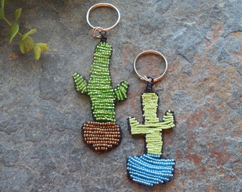Cactus Key chain - beaded cactus in a pot - bead woven keychain - crazy plant lady gift - beaded plant - kawaii style cacti - green thumb