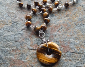 Golden brown Tigers eye gemstone statement necklace - solar plexus chakra beaded chain healing necklace - unisex necklace