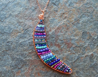 Long copper colorful beaded pendant necklace - boho style wire wrapped purple and blue statement necklace