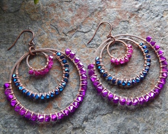 Jewel toned statement earrings - big beaded hoop earrings - fuschia pink and blue wire wrapped hoops - gypsy style chandelier earrings