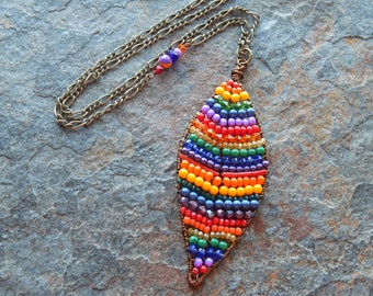 Long boho style rainbow leaf pendant necklace - wire woven beaded leaf hippie necklace