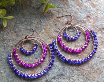 Violet blue and fuschia beaded hoop earrings - wire wrapped hoops - gypsy style statement earrings - colorful boho chandelier earrings