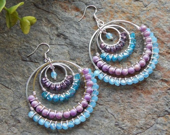 Beaded Hoop earrings - wire wrapped hoops - aqua and lavender purple - big pastel colored gypsy earrings - boho earrings - bohemian jewelry