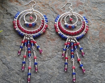 Raspberry quartz chandelier statement earrings - big gypsy style boho raspberry and blueberry beaded hoops - faceted gemstone 5 inch earring