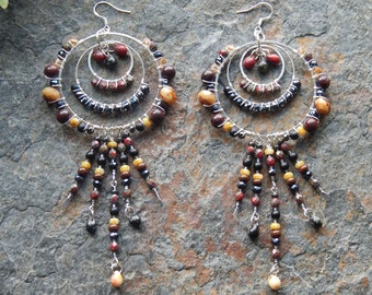 Earth tone statement earrings - boho earrings - big beaded earrings in red brown and black - gypsy style - bohemian jewelry - fancy earrings