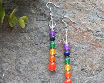 Rainbow chakra earrings - colorful quartz and jade celestial dangle earring - boho earrings - yoga - pride - sterling silver - full spectrum