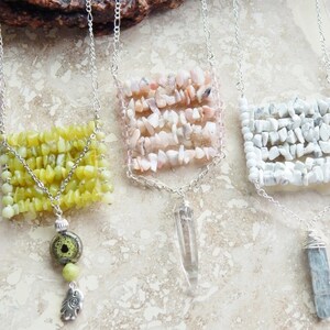 Pink statement necklace - Pink opal and quartz point long layering necklace - unique boho style ladder necklace - abacus - festival jewelry
