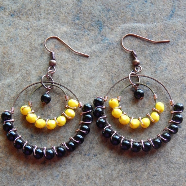 Chandelier earrings, Beaded Hoop earrings,custom colors, sports team, black and yellow, bumblebee, Pittsburgh Steelers, colorblock jewelry