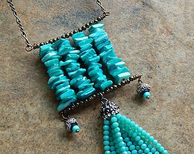 Long Turquoise Blue Tassel Necklace Boho Style Seashell Etsy