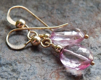 Pink quartz earrings - flamingo pink and gold fill dangle earrings - dainty pink gemstone earrings - soft pink faceted oval drop earrings