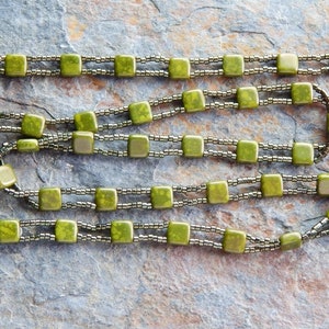 Metallic olive green triple wrap bracelet unisex jewelry picasso czech glass tile and seed bead necklace geometric convertible image 1