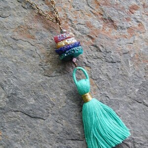 Long teal tassel necklace - colorful stacked solar quartz pendant - teal blue stalactite slice boho style statement necklace