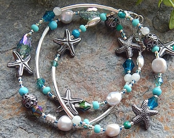 Bracelet étoile de mer en argent - bracelet ou collier triple en argent et bleu - bijoux convertibles - sous la mer - collier mermaidcore
